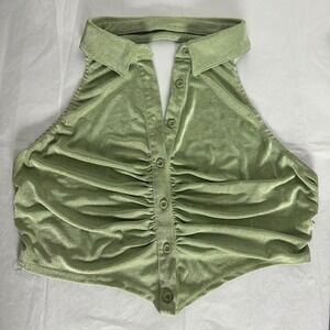 Princess Polly Sage Green Halter Crop Top Button Front Ruched Open Back Size 12